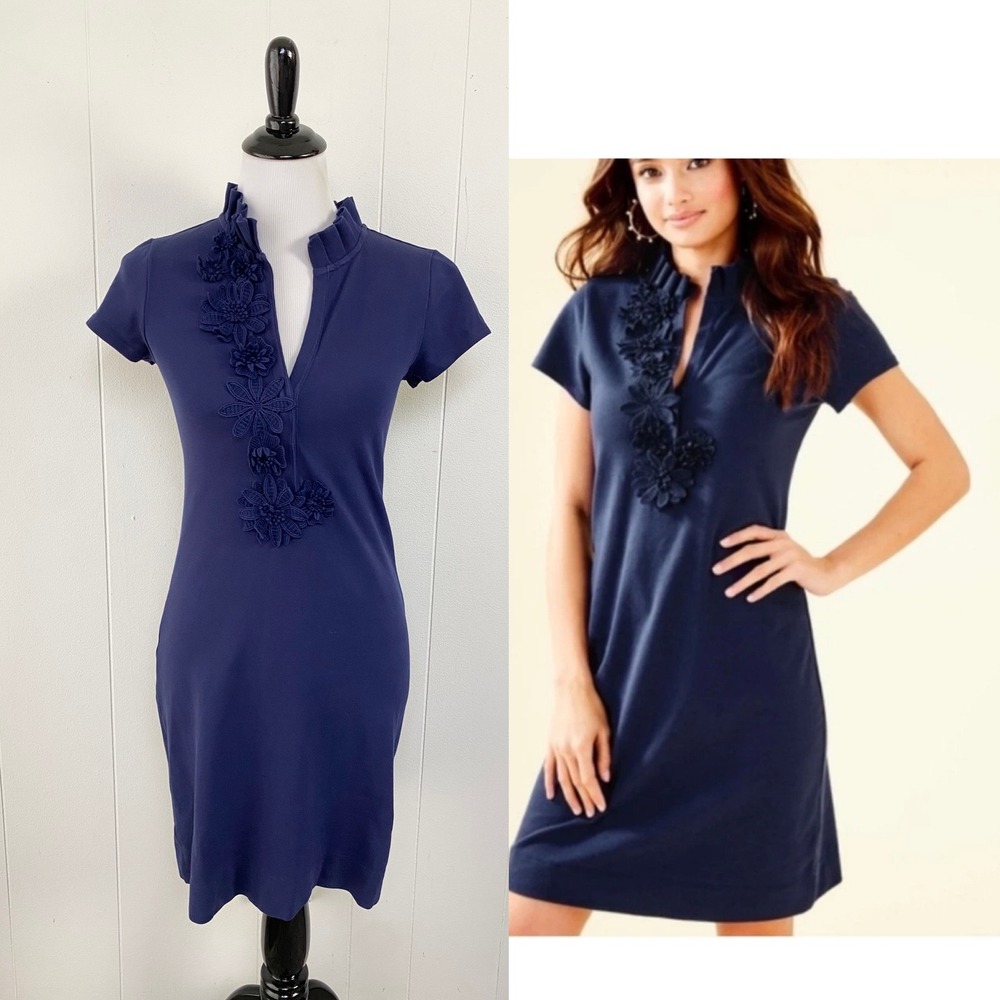 Lilly Pulitzer Clary Polo‎ Short Sleeve 3-D Flowers Sheath Dress Navy Size XS